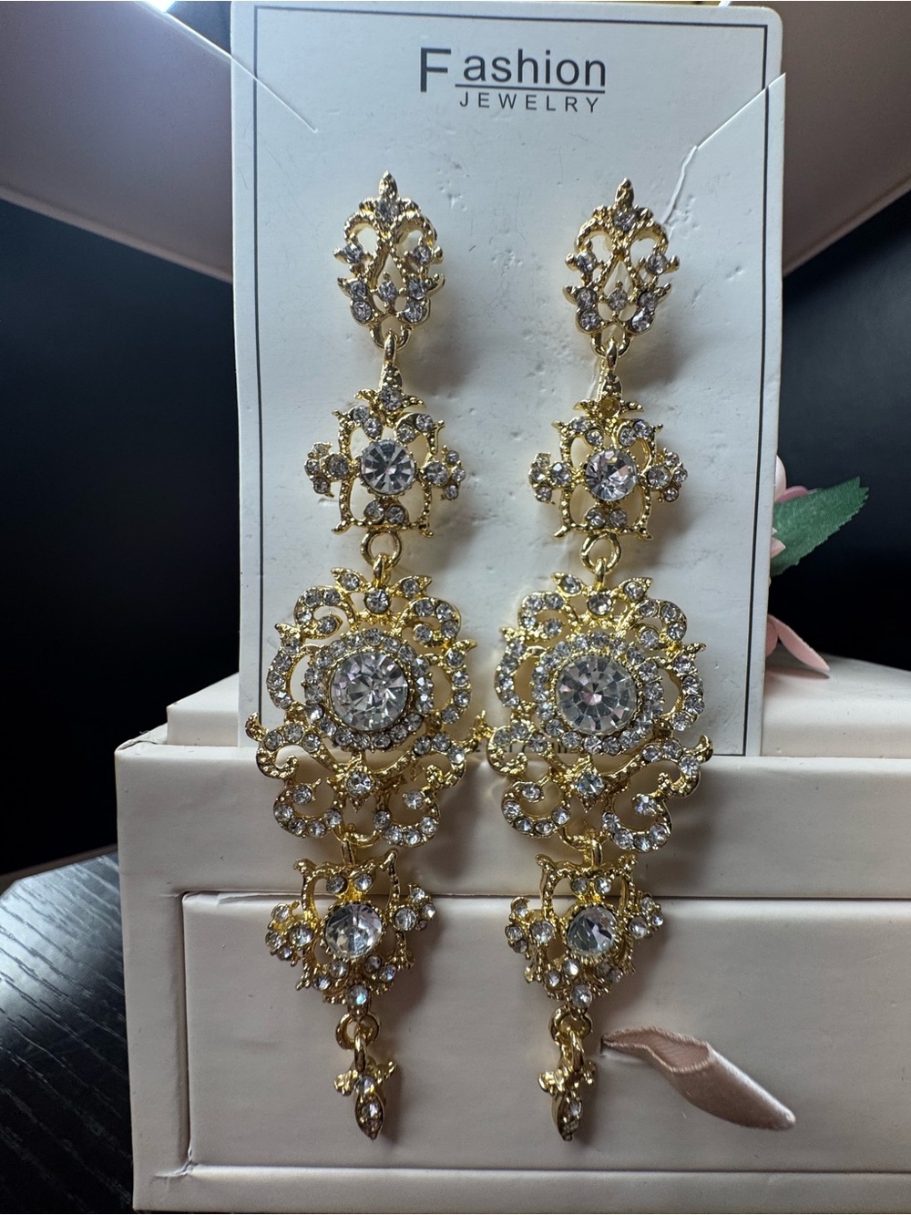Fashion Jewelry Gold & Clear Crystal Statement Chandelier Earrings